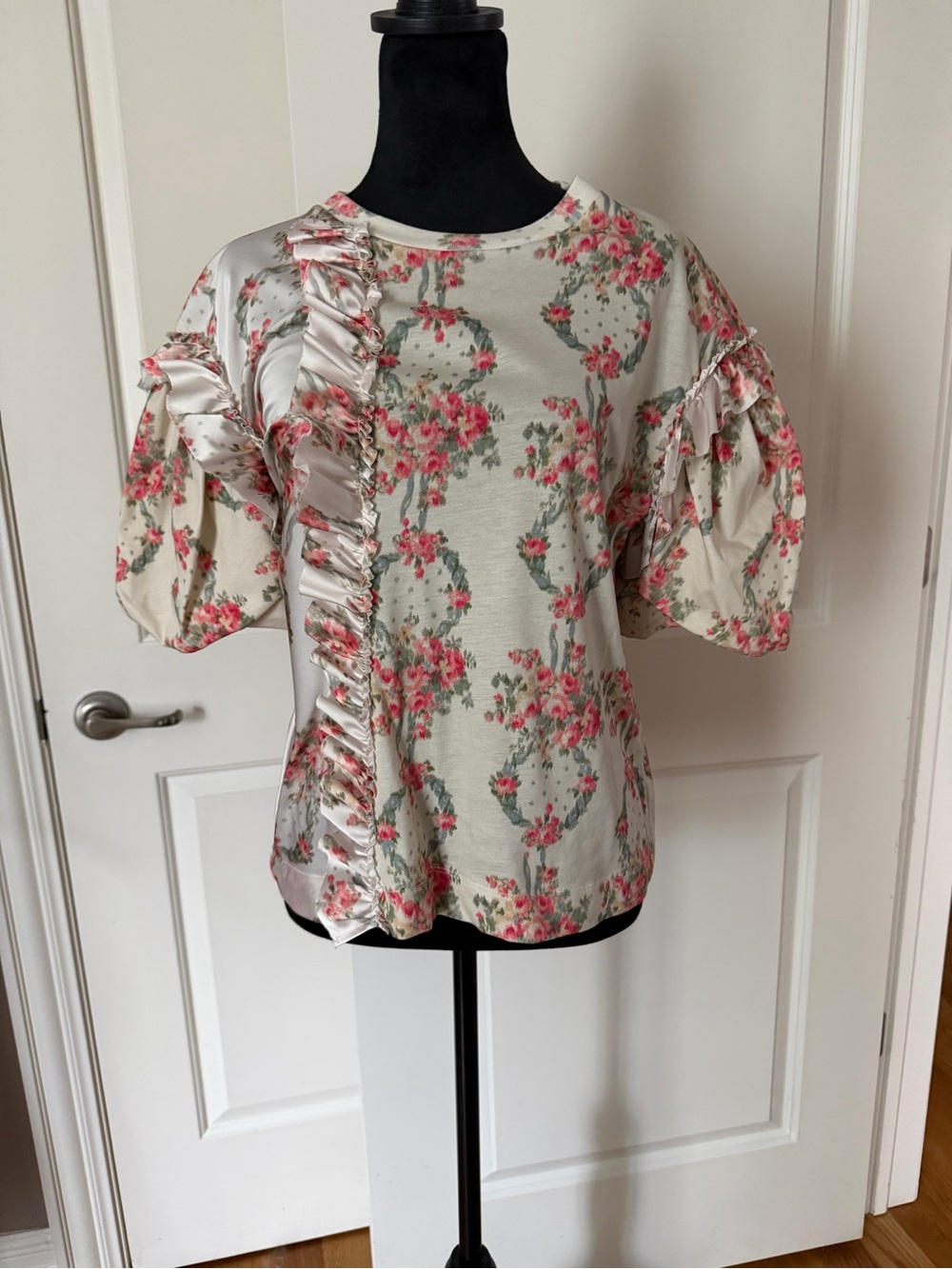 Simone Rocha Cream Floral Satin-Trim Puff Sleeve Blouse